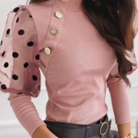 Long Sleeve Chiffon Pink Knitted Top - Thumbnail 2