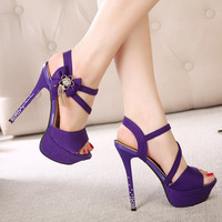 Purple Strappy High Heel Fashion Sandals with Bow - Thumbnail 1