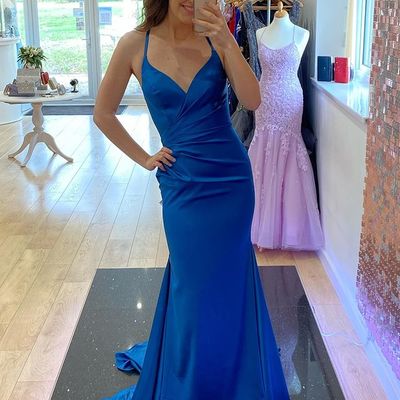 Mermaid v neck royal blue satin long prom dresses cross back - Thumbnail 3