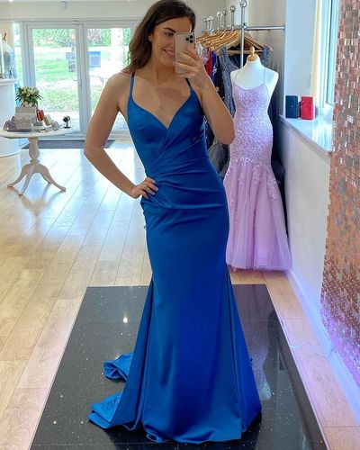 Mermaid V Neck Royal Blue Satin Long Prom Dresses Cross Back