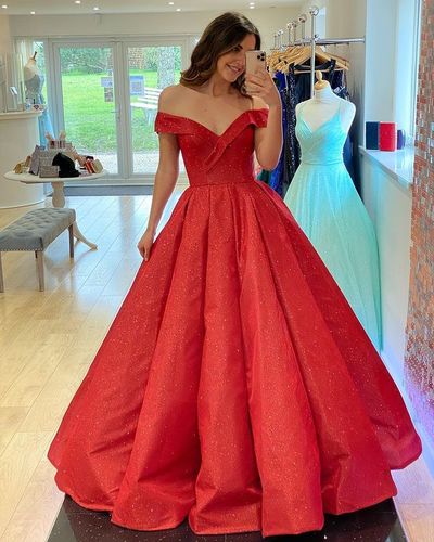 Ball Gown Off the Shoulder Red Sequin Long Prom Dresses Sweet 16 Gown