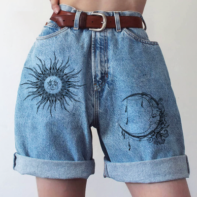 Free shipping-sun and moon denim shorts - Thumbnail 3