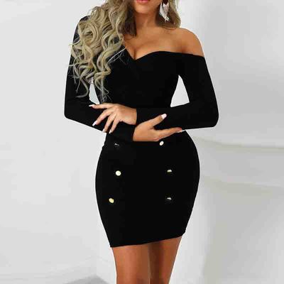 Casual Solid Color Long-Sleeved Double-Breasted Skinny Dress