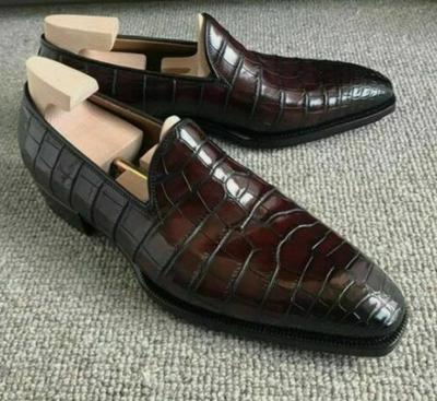 Handmade Crocodile Alligator Skin Chocolaty Finishing Loafer Slips On Dress Shoes Men Moccasin Shoe