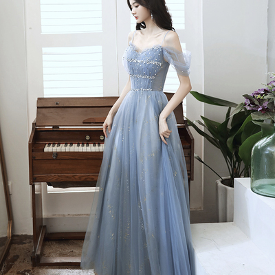 Blue tulle beads long a line prom dress evening dress - Thumbnail 3