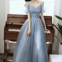 Blue tulle beads long A line prom dress evening dress - Thumbnail 1