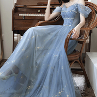 Blue tulle beads long A line prom dress evening dress - Thumbnail 6