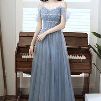 Blue tulle beads long A line prom dress evening dress - Thumbnail 4