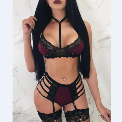 Women's fashion sexy red wine lace set