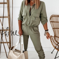 Women Pocket Long Sleeve Jumpsuit - Thumbnail 1