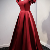 Burgundy satin long A line prom dress evening dress - Thumbnail 2