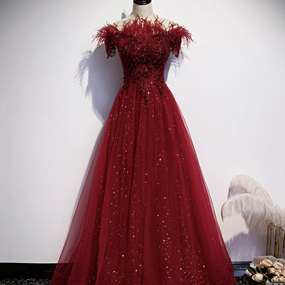 Burgundy tulle sequins long a line prom dress evening dress - Thumbnail 5