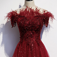 Burgundy tulle sequins long A line prom dress evening dress - Thumbnail 1
