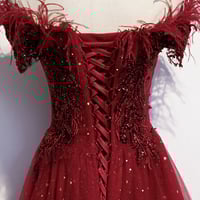 Burgundy tulle sequins long A line prom dress evening dress - Thumbnail 2