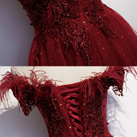 Burgundy tulle sequins long A line prom dress evening dress - Thumbnail 4