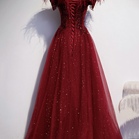 Burgundy tulle sequins long A line prom dress evening dress - Thumbnail 5