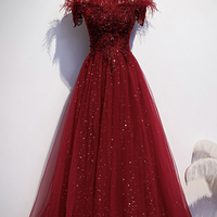 Burgundy tulle sequins long A line prom dress evening dress - Thumbnail 7