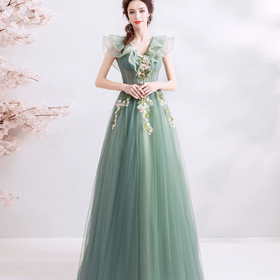 Green tulle long a line prom dress evening dress - Thumbnail 5
