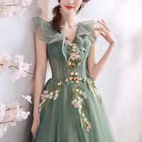 Green tulle long A line prom dress evening dress - Thumbnail 1