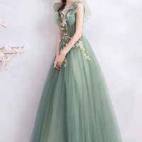 Green tulle long A line prom dress evening dress - Thumbnail 2