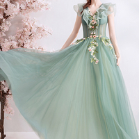 Green tulle long A line prom dress evening dress - Thumbnail 3