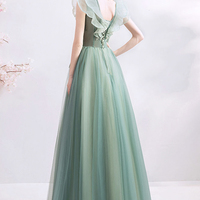 Green tulle long A line prom dress evening dress - Thumbnail 4