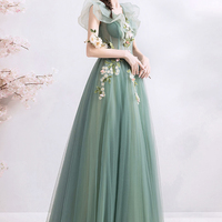 Green tulle long A line prom dress evening dress - Thumbnail 5