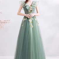 Green tulle long A line prom dress evening dress - Thumbnail 7