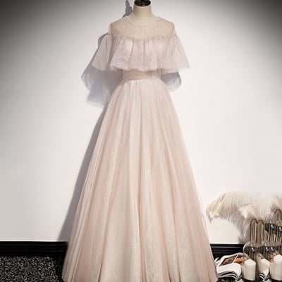 Pink tulle long a line prom dress pink evening dress - Thumbnail 3