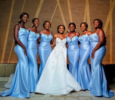 Blue Spaghetti Straps Bridesmaid Dresses with Appliques