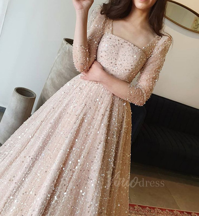 Sparkly A Line Scoop Neck Sequins 3/4 Sleeves Champagne Prom Dresses Party Dresses,979