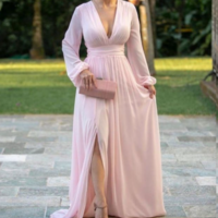 Elegant A Line V Neck Long Sleeves Pink Evening Dresses with Split, Wedding Guest Dresses,980 - Thumbnail 1