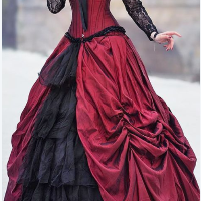 Gothic ball gown victorian wedding dresses black and burgundy lace bridal gowns,981