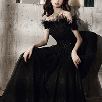 Black tulle beads long A line prom dress evening dress - Thumbnail 3