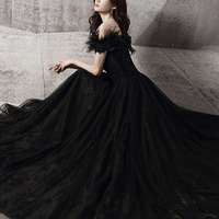 Black tulle beads long A line prom dress evening dress - Thumbnail 5