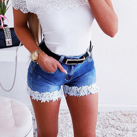 Loose High Waist Lace Denim Shorts - Thumbnail 1