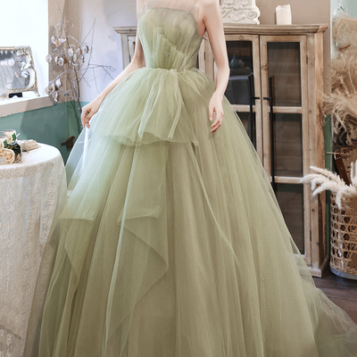 Green tulle long a line prom dress evening dress - Thumbnail 4