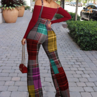 Sexy Wrapped Check Long Sleeve Printed Jumpsuit Two-Piece Set - Thumbnail 1