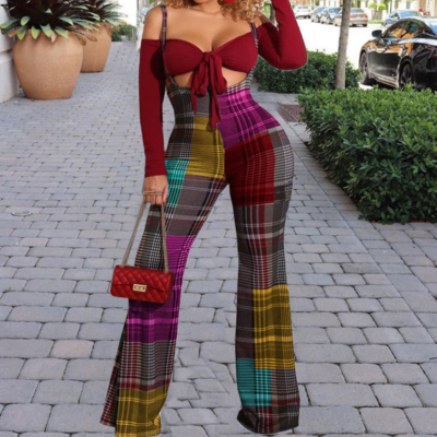 Sexy wrapped check long sleeve printed jumpsuit two-piece set - Thumbnail 4
