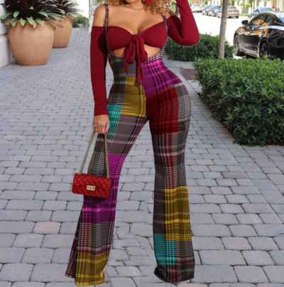 Sexy Wrapped Check Long Sleeve Printed Jumpsuit Two-Piece Set