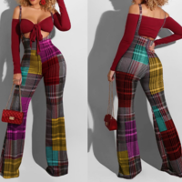 Sexy Wrapped Check Long Sleeve Printed Jumpsuit Two-Piece Set - Thumbnail 2