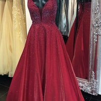 Ball Gown V Neck Burgundy Sequin Long Prom Dresses Sweet 16 Party Gown - Thumbnail 1