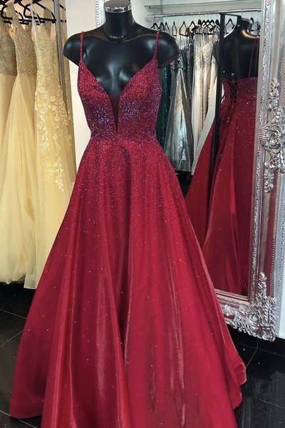 Ball Gown V Neck Burgundy Sequin Long Prom Dresses Sweet 16 Party Gown