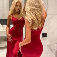 Sexy Mermaid V Neck Dark Red Long Prom Dresses with Side Slit - Thumbnail 2