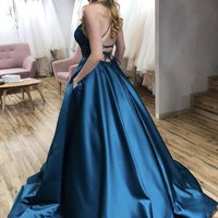 Simple A Line Spaghetti Straps Blue Satin Long Prom Dresses with Criss Cross Back - Thumbnail 1