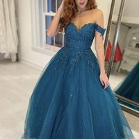 Gorgeous A Line Off the Shoulder Navy Long Prom Dresses with Appilques - Thumbnail 1