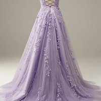 Charming A-Line Scoop Neck Lilac Tulle Long Prom Dresses with Appliques - Thumbnail 1