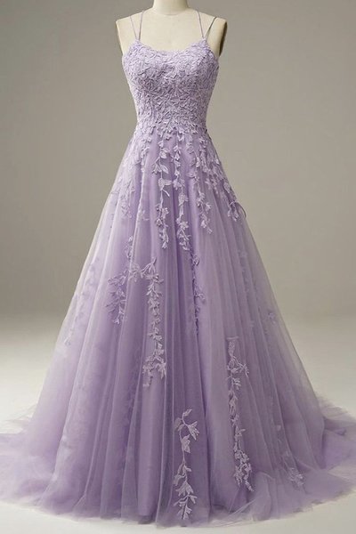 Charming A-Line Scoop Neck Lilac Tulle Long Prom Dresses with Appliques