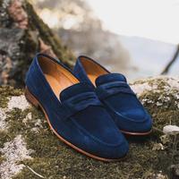 Men's Handmade Navy Blue Moccasin Loafer Wedding Shoes - Thumbnail 1