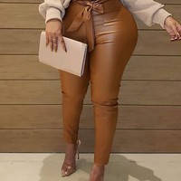 Casual Solid Color Leather Pants - Thumbnail 1